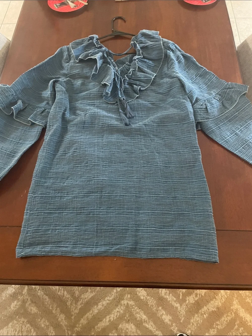 Ruffled Neck Blue Women's Blouse